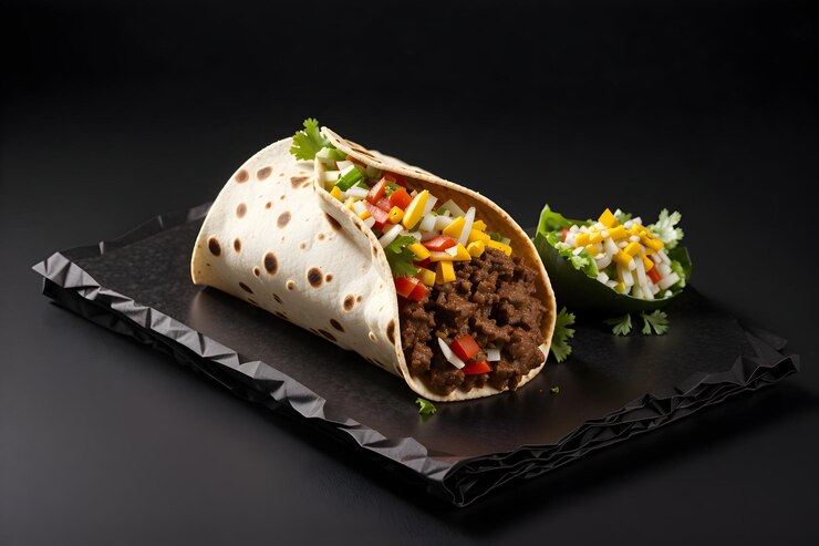 Un burrito de carne de res sobre un fondo negro