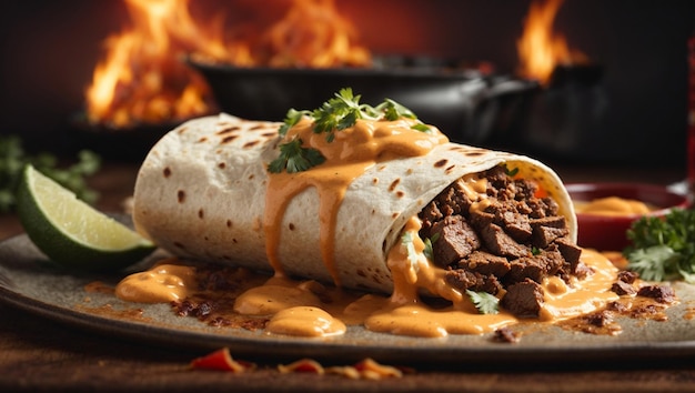 Un burrito de carne con un sabor carbonizado ahumado cubierto de una salsa picante cremosa