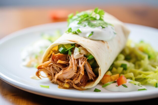 Burrito de cerdo desmenuzado con cucharadas de crema agria encima