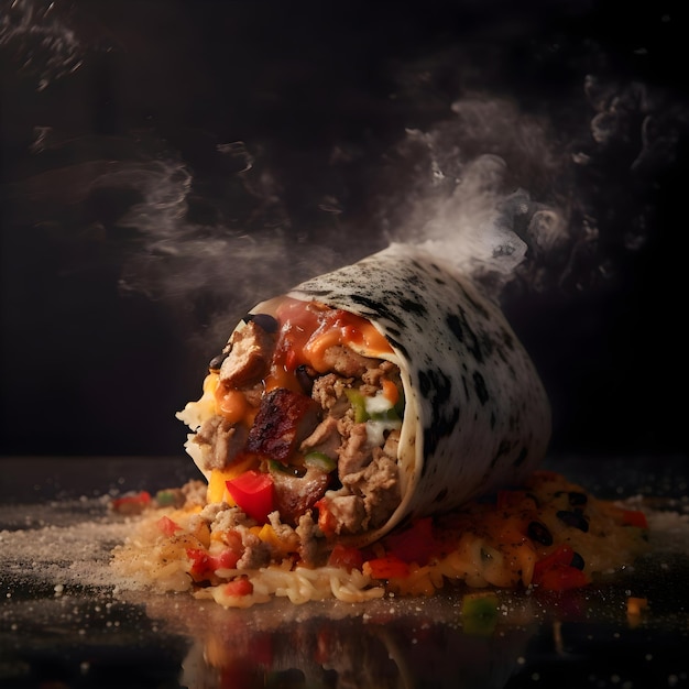 Burrito com carne e legumes voando no ar em um fundo preto