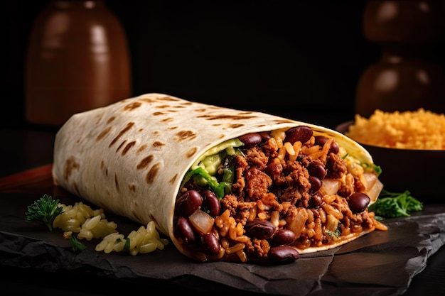 Burrito de fast-food mexicano recheado com feijão de arroz e carne picante ou frango