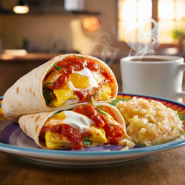 Burrito de ovo para o pequeno-almoço com creme azedo e molho de tomate e grãos ao lado