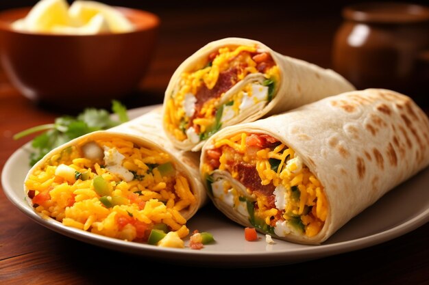 Burrito de pequeno-almoço com ovos e bacon contra um balcão de cozinha aconchegante