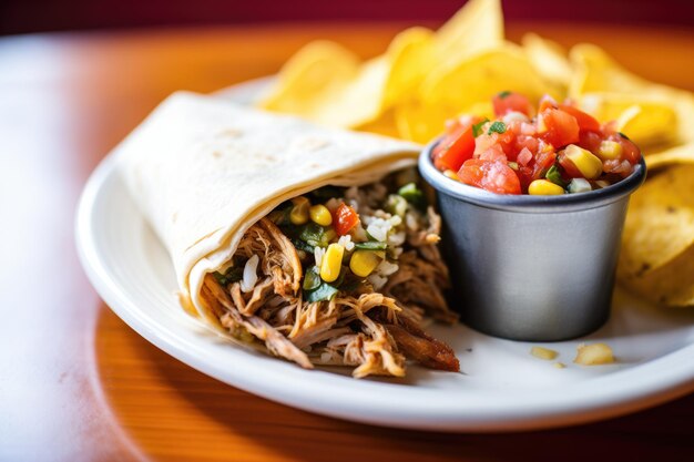 Burrito de porco com batatas fritas e salsa