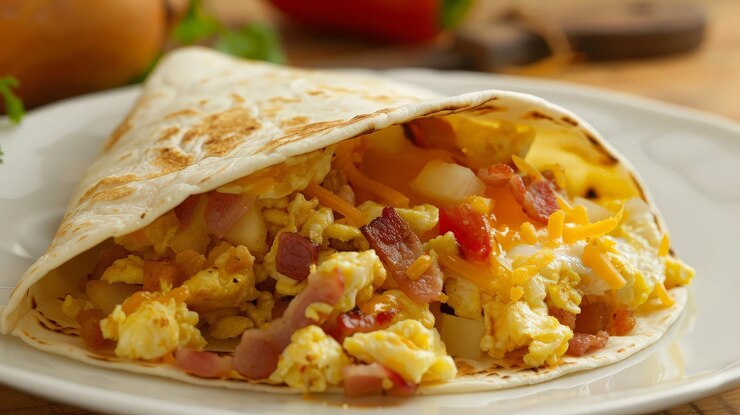 Burrito de desayuno con huevos revueltos, tocino y queso.