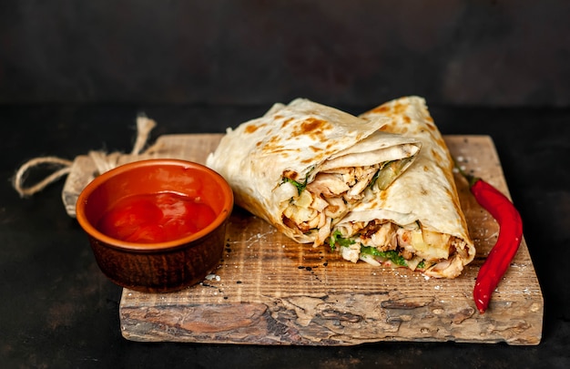 Burrito envuelto con pollo y verduras en una tabla de cortar, sobre un fondo de hormigón, shawarma mexicano