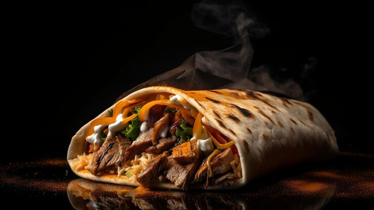 Un burrito con fondo negro y humo saliendo de él.