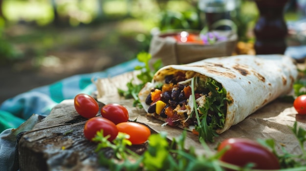 Burrito de frijol negro vegetal contra una escena de picnic en el jardín