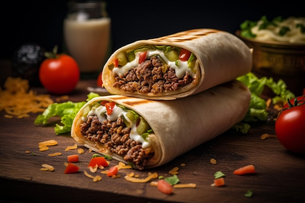 Foto burrito mexicano com beefonion beanschili