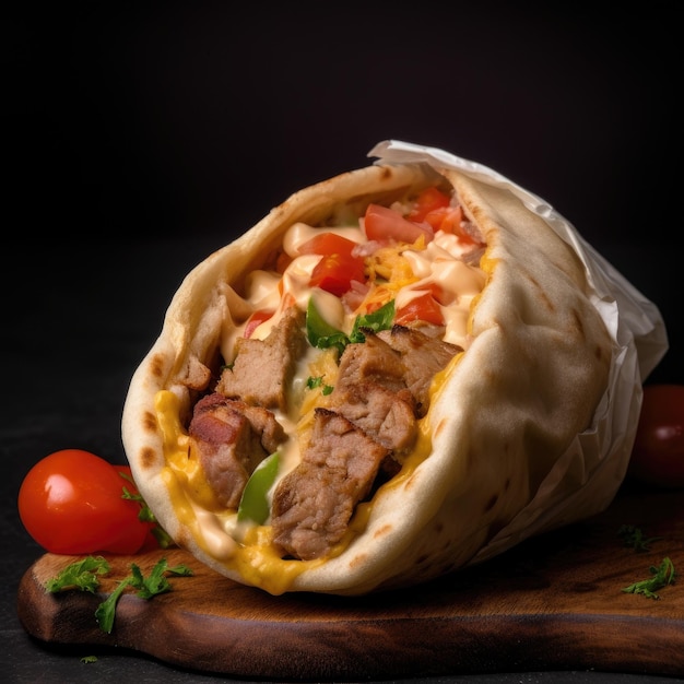 Un burrito con un montón de tomates encima.