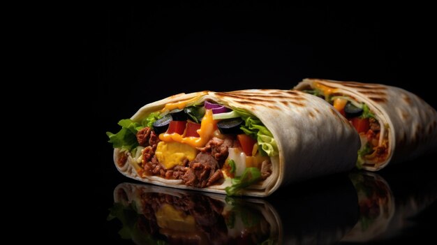 Foto un burrito en rebanadas en un fondo oscuro perfecto para menús de comida o blogs culinarios