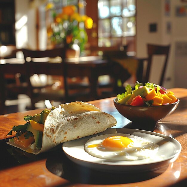 Burrito-Schüssel mit Avocado und Bohnen mit SunnySideUp-Eiern