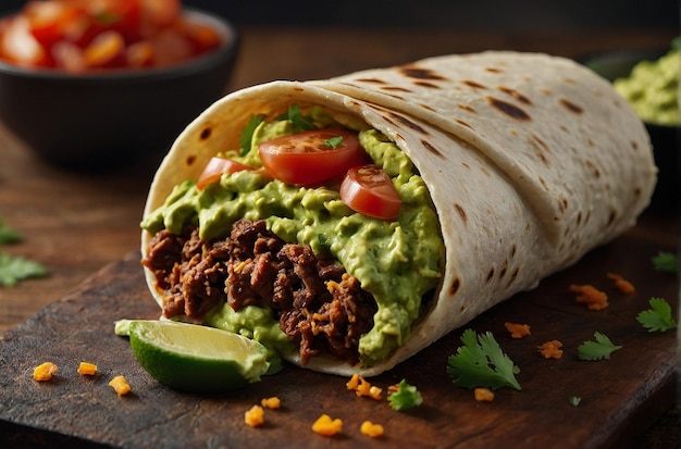 Burrito servido com um lado de guacamole cremoso