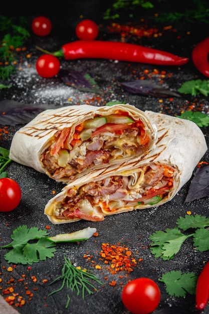 Burrito Shawarma cortado con verduras y hierbas en una mesa de piedra oscura El concepto de restaurantes de comida rápida