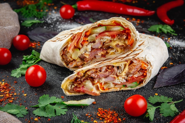 Burrito Shawarma cortado con verduras y hierbas en una mesa de piedra oscura El concepto de restaurantes de comida rápida