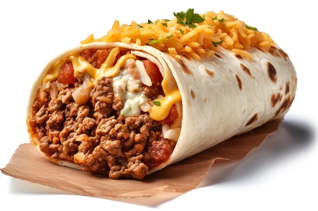 Un burrito de taco bell con queso y carne.