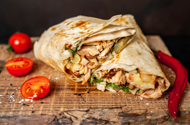 Burrito wickelt mit Huhn und Gemüse auf einem Schneidebrett vor dem Hintergrund des konkreten mexikanischen Döners ein