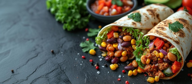 Foto burritos envoltos com carne bovina e vegetais em fundo preto beef burrito comida mexicana