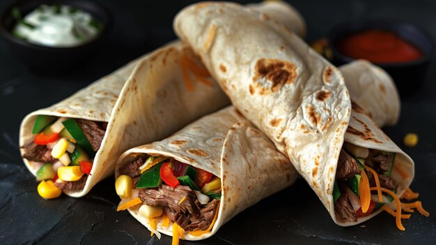 Burritos envoltos com carne bovina e vegetais em fundo preto Generative Ai