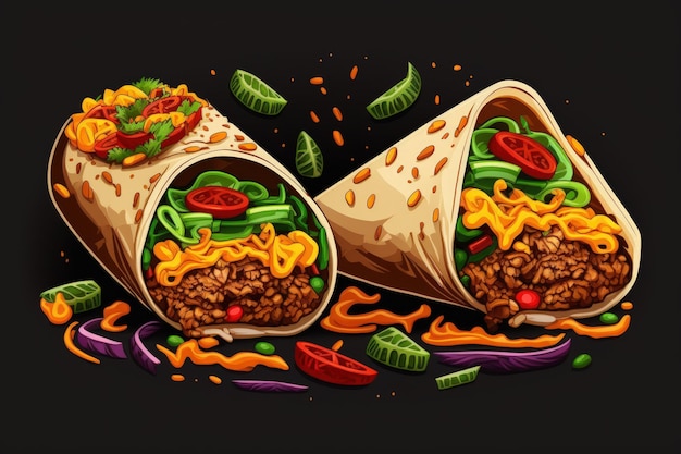 Burritos envolve com carne e legumes em fundo preto Beef burrito comida mexicana