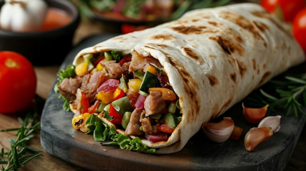 Burritos mit Fleisch, Gemüse und Knoblauch shawarma kebab