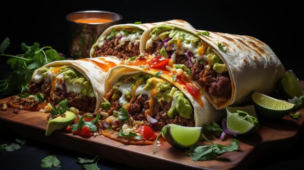 burritos recheados com legumes e carne em uma mesa com fundo preto e desfocado