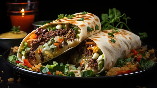 Burritos wraps con carne y verduras sobre fondo negro Burrito de carne