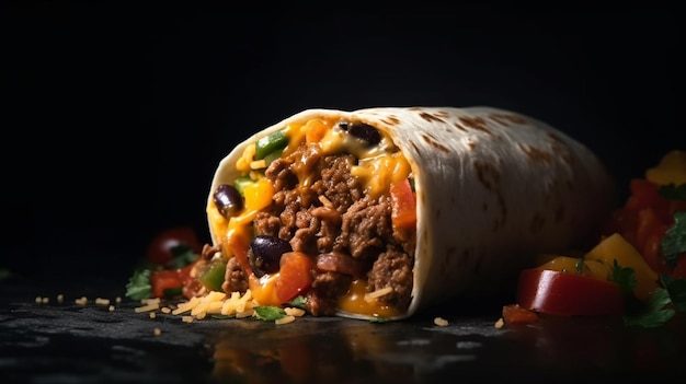 Burritos Wraps mit Rindfleisch und Gemüse auf schwarzem Hintergrund Beef burrito mexican food