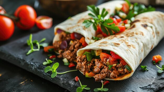 Burritos-Wraps mit Rindfleisch und Gemüse auf schwarzem Hintergrund