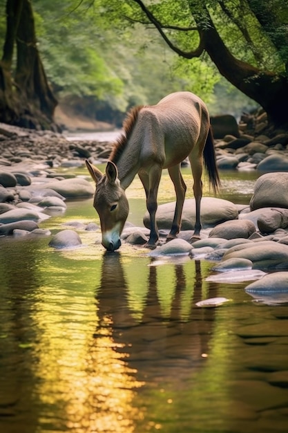 Burro bebendo água de um riacho claro criado com IA generativa