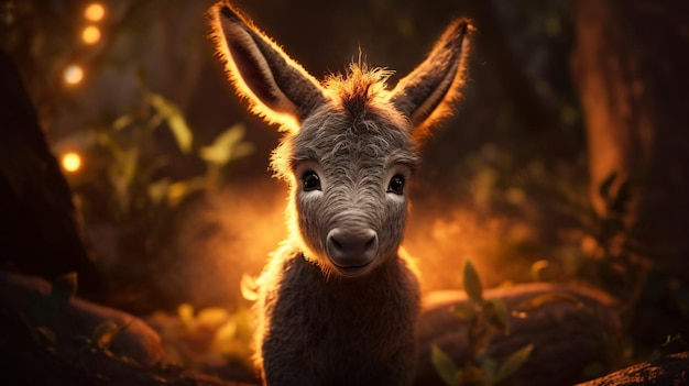 Un burro en el bosque con la luz brillando sobre él.