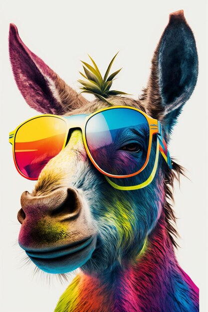 Burro de colores brillantes con gafas de sol y una piña en la cabeza