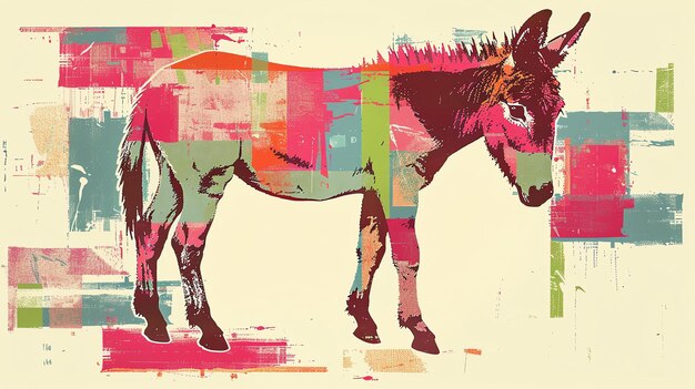 Un burro de colores se destaca contra un fondo beige en esta pintura abstracta