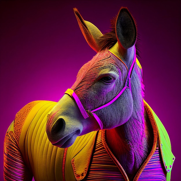 Un burro colorido está pintado con un suéter colorido.