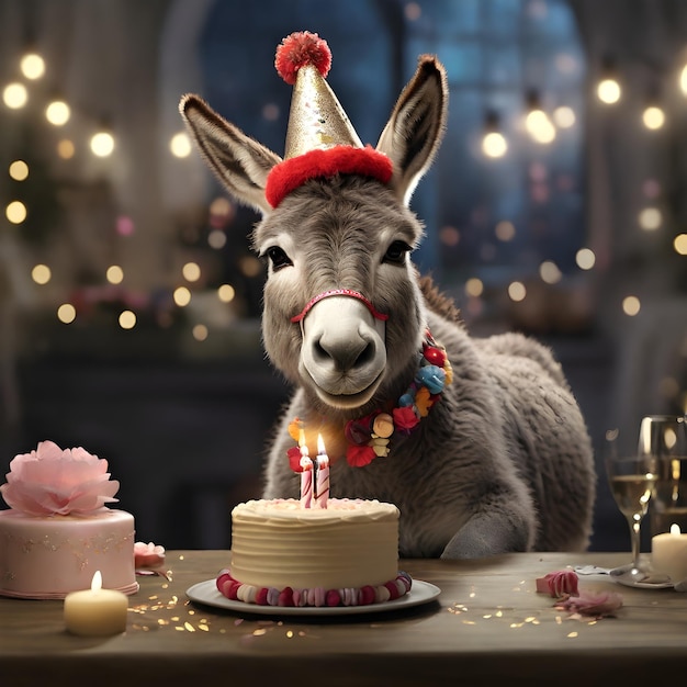 Burro cumpleaños con sombrero de cumpleaños en la cabeza Burro celebrando cumpleaños