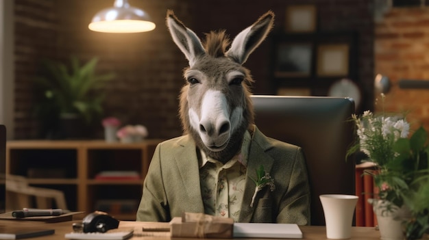 Un burro disfrazado de hombre de negocios en una oficina en el lugar de trabajo un jefe en una empresa Una caricatura una broma divertida parodia IA generativa