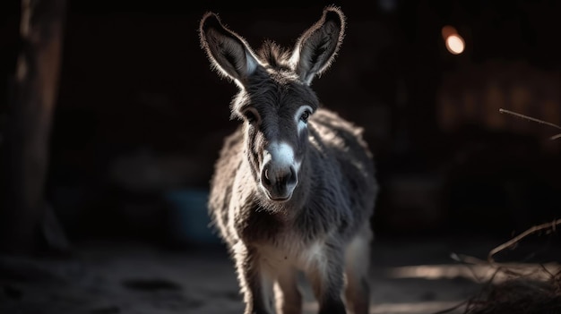 Un burro se para en una habitación oscura con las palabras 'burros' en la parte inferior derecha.