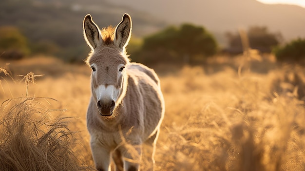 Burro na aldeia ao pôr-do-sol