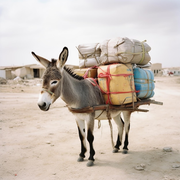 El burro pequeño está cargado de muchas cajas y paquetes el burro está llevando muchas cosas carga pesada