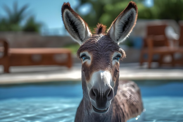 Foto un burro en una piscina de fondo azul.