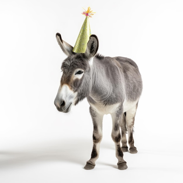 Foto un burro con un sombrero de fiesta de cumpleaños sobre un fondo blanco.