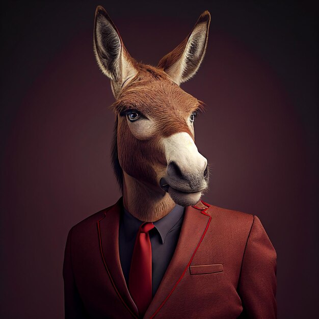 Un burro con traje rojo y corbata roja.