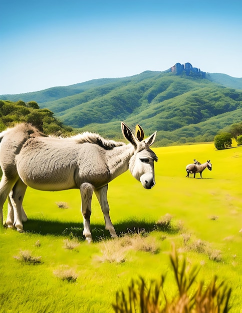 Los burros sanos de pie en el campo verde