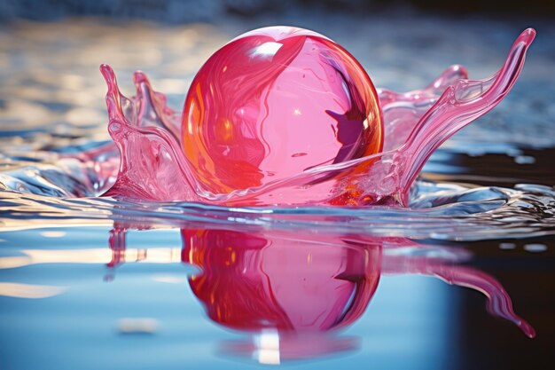 Foto burst burbuja de chicle en una superficie brillante con reflejos