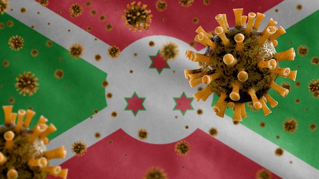 Burundi ondeando la bandera y el virus del microscopio coronavirus