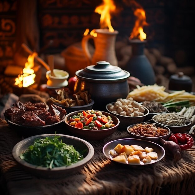 Foto buryat nomadic aromas buuza steamed bolinhos e sizzling khorkhog cordeiro