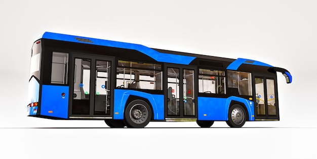 Bus azul urbano Mediun sobre un fondo blanco aislado. Representación 3D.