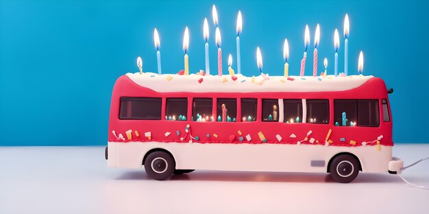 Bus-Design Geburtstagskuchen mit Kerzen darauf Feier dekorative Lichter mit Kopierplatz