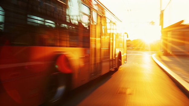 Bus fährt mit hoher Bewegungsverschwörung auf einer Straße im Sonnenuntergang Generative KI