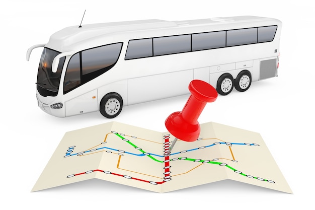 Busbahnhöfe Karte mit Red Push Pin vor Big White Coach Tour Bus auf weißem Hintergrund. 3D-Rendering